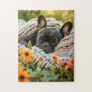 Sleeping Frenchie In Flower Meadow Jigsaw Puzzle