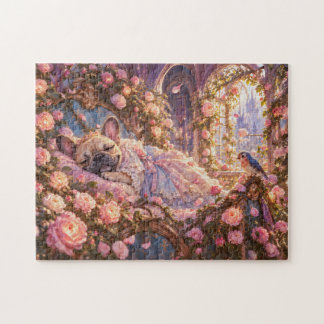 Sleeping Frenchie Rose Fairy Tale Scene Jigsaw Puzzle