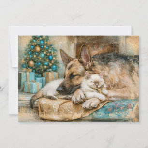 Sleeping German Shepherd White Kitten Christmas Holiday Card