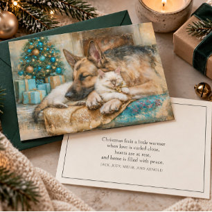 Sleeping German Shepherd White Kitten Christmas Holiday Card