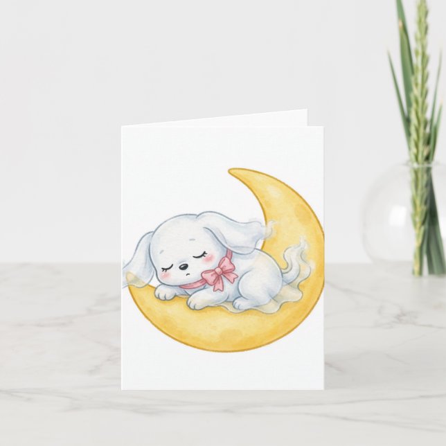 Sleeping Ghost Puppy Pink Bow Crescent Moon  Card (Front)