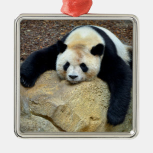 Sleeping giant panda slumped on a rock metal tree decoration