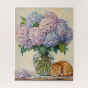 Sleeping Ginger Cat and Hydrangeas Jigsaw Puzzle