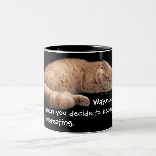 Sleeping Ginger Cat Funny Wake Me Quote Two-Tone Coffee Mug (Center)