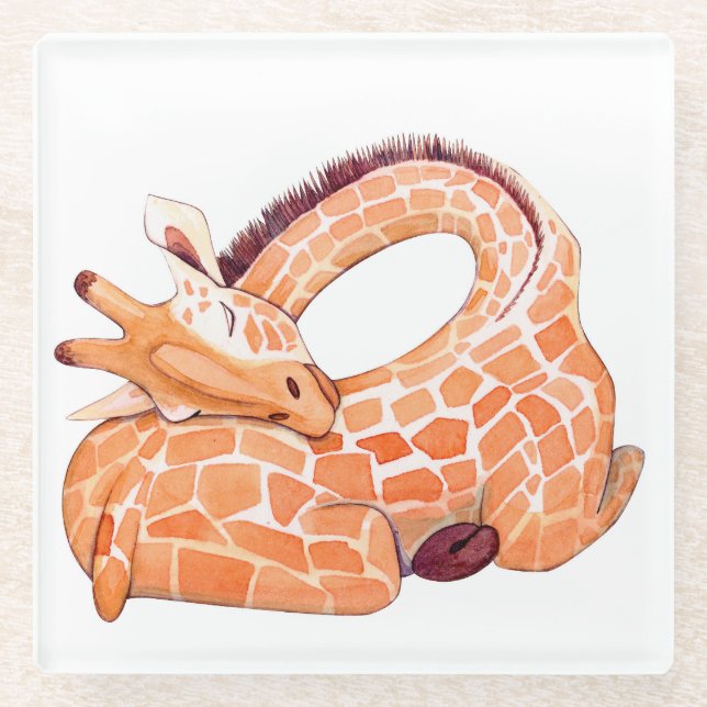 Sleeping Giraffe: Gentle Watercolor Glass Coaster (Front)