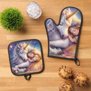 Sleeping Girl Unicorn Dreamscape Oven Mitt & Pot Holder Set