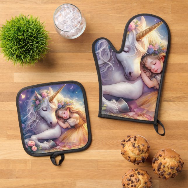 Sleeping Girl Unicorn Dreamscape Oven Mitt & Pot Holder Set (Top Down)
