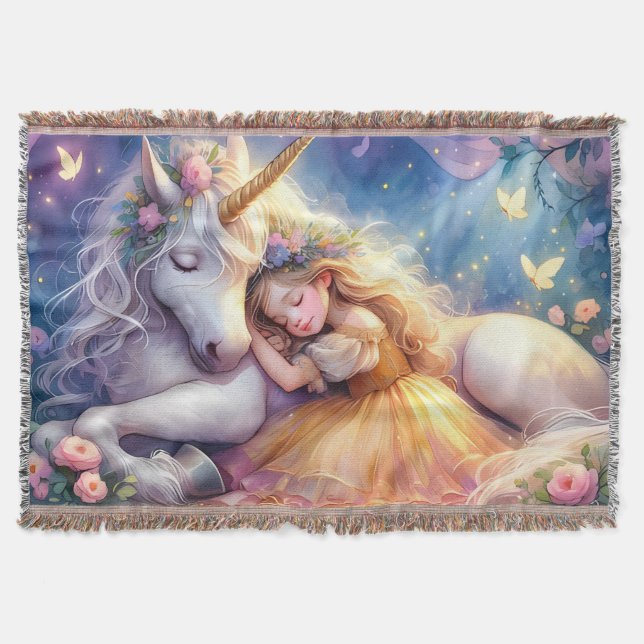 Sleeping Girl Unicorn Dreamscape Throw Blanket (Front)