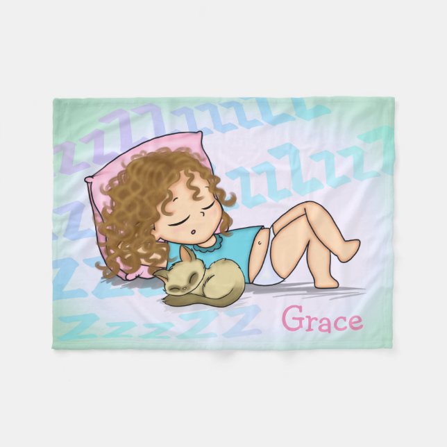 Sleeping Girl with Cat Fleece Blanket (Front (Horizontal))