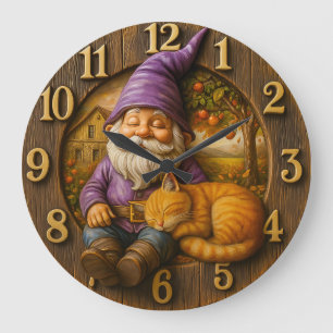 Sleeping gnome & cat cottage large clock