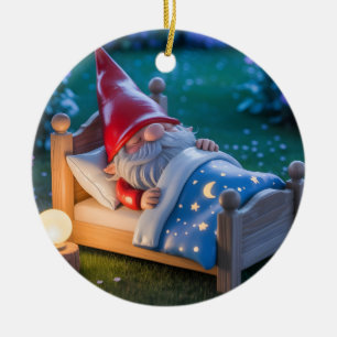 Sleeping Gnome in Nighttime Garden Ceramic Tree Decoration