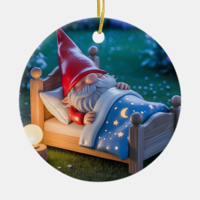Sleeping Gnome in Nighttime Garden Ceramic Tree Decoration (Front)