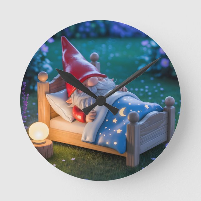 Sleeping Gnome in Nighttime Garden Round Clock (Front)