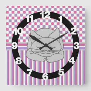 Sleeping Grey Cat Pattern Large Clock
