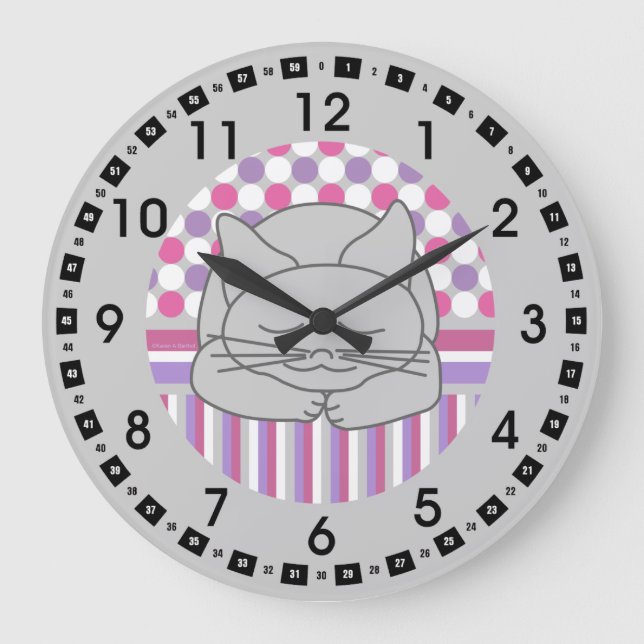 Sleeping Grey Cat Patterned Oval Large Clock (Front)
