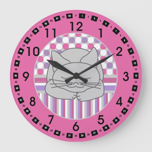 Sleeping Grey Cat Patterned Oval Large Clock (Front)