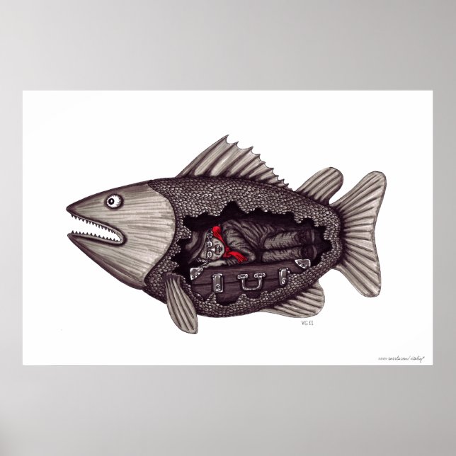 Sleeping in the fish surreal black and white art poster (Front)