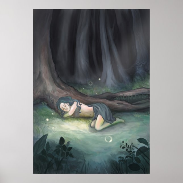 Sleeping in the Woods - Girl in Forest Painting Poster (Front)