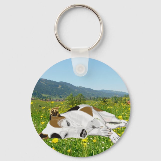 Sleeping Jack Russell in a Flower Meadow  Key Ring (Front)
