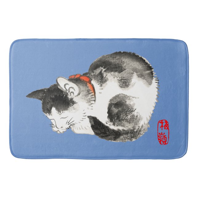 Sleeping Japanese Cat Black and White Bath Mat (Front)