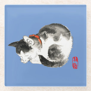 Sleeping Japanese Cat Black and White Glass Coaster