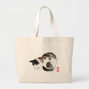 Sleeping Japanese Cat Black and White Large Tote Bag