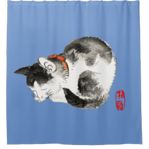 Sleeping Japanese Cat Black and White Shower Curtain
