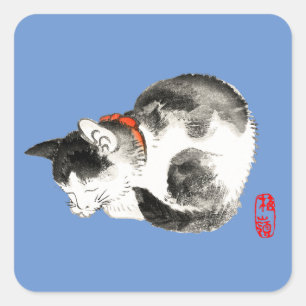 Sleeping Japanese Cat Black and White Square Sticker