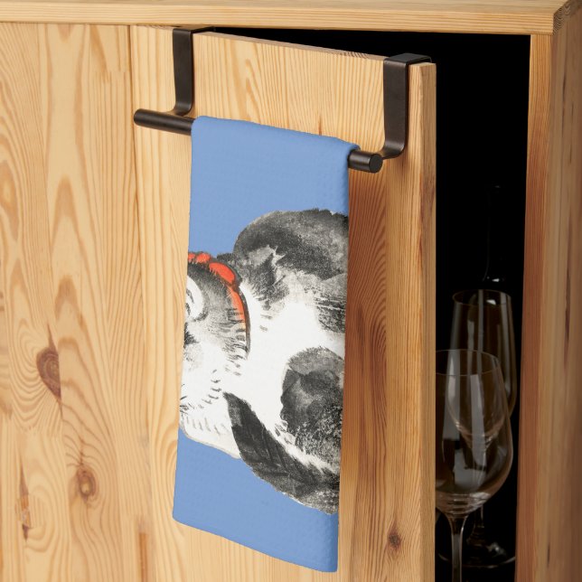 Sleeping Japanese Cat Black and White Tea Towel (Thirds Fold)