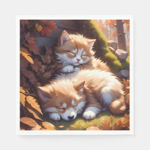 Sleeping Kitten and Puppy Fall Leaves Meadow  Napkin