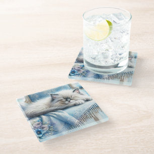 Sleeping Kitten Blue Cottagecore Dream Glass Coaster