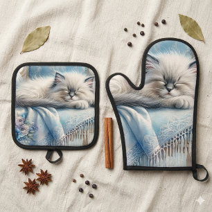 Sleeping Kitten Blue Cottagecore Dream Oven Mitt & Pot Holder Set