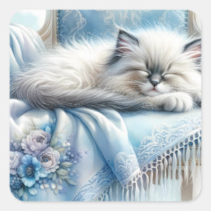 Sleeping Kitten Blue Cottagecore Dream Square Sticker