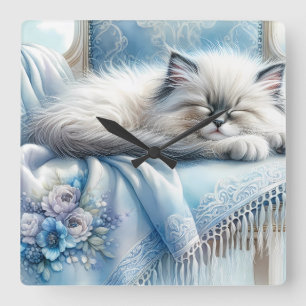 Sleeping Kitten Blue Cottagecore Dream Square Wall Clock