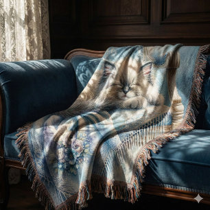Sleeping Kitten Blue Cottagecore Dream Throw Blanket