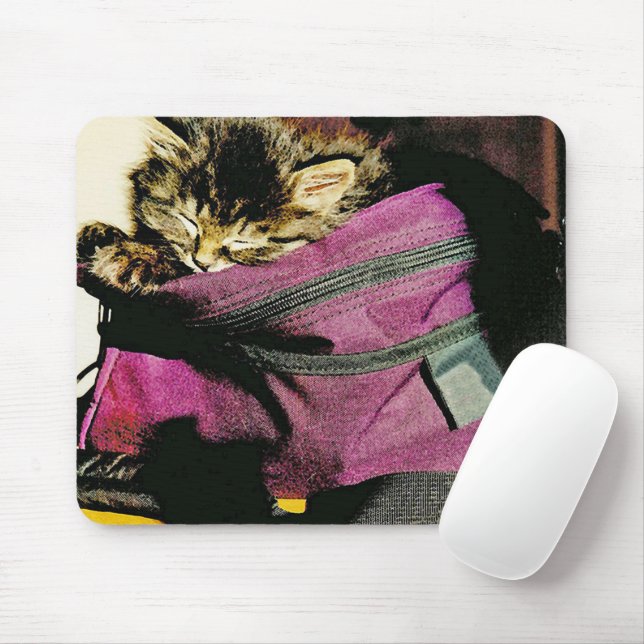 Sleeping Kitten In A Burgundy Purse Mouse Mat (With Mouse)