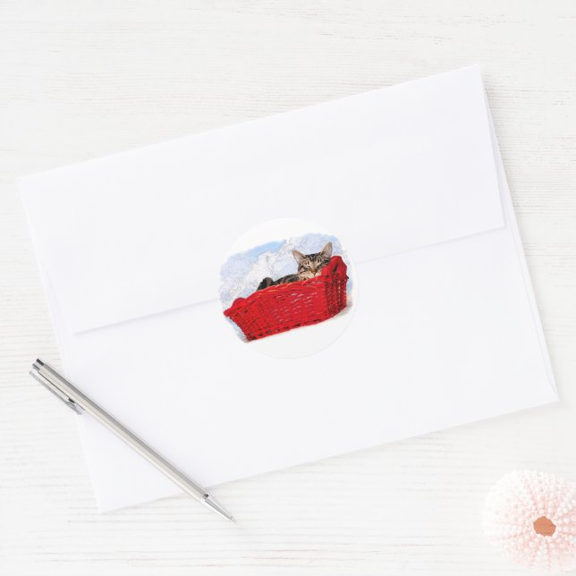 Sleeping Kitten In Bright Red Basket Classic Round Sticker (Envelope)