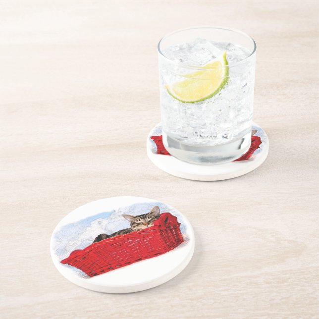 Sleeping Kitten In Bright Red Basket Coaster (Side)