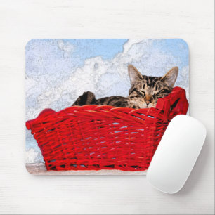 Sleeping Kitten In Bright Red Basket Mouse Mat
