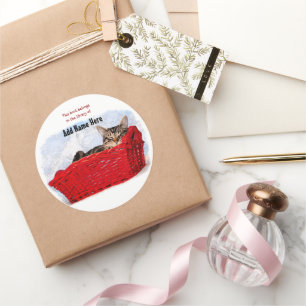 Sleeping Kitten In Bright Red Basket Personalised Classic Round Sticker