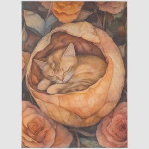 Sleeping Kitten in Rose Blossom Watercolor Floral Tissue Paper