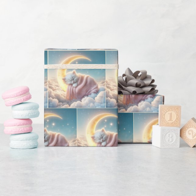 Sleeping Kitten On a Crescent Moon Wrapping Paper (Baby Shower)