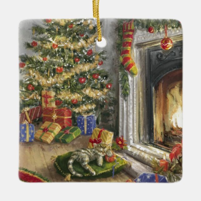 Sleeping Kitty By The christmas Tree Ceramic Ornament (Front)