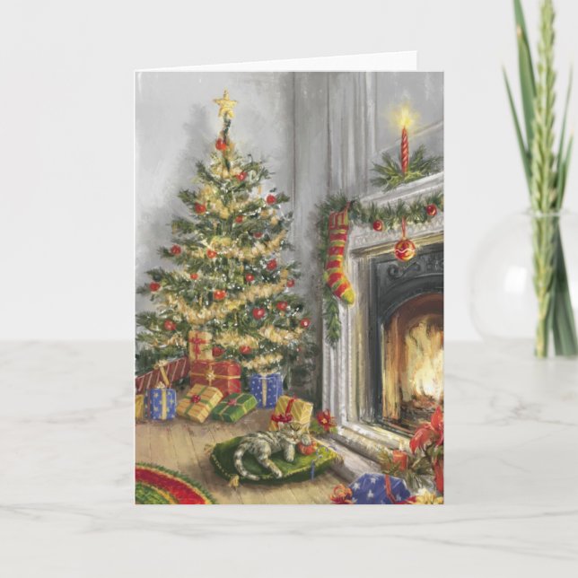 Sleeping Kitty By The christmas Tree Holiday Card (Front)