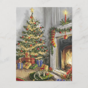 Sleeping Kitty By The christmas Tree Holiday Postcard