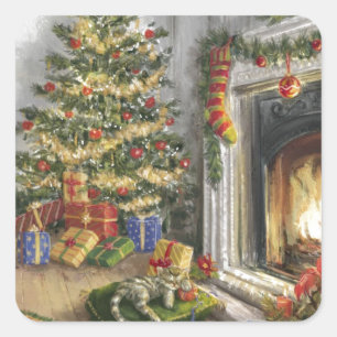 Sleeping Kitty By The christmas Tree Square Sticker