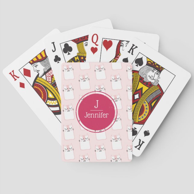 Sleeping Kitty Cat Pattern Monogram Playing Cards (Back)