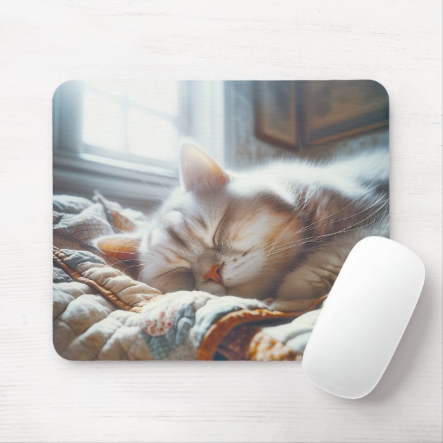 Sleeping Kitty On Old Quilt Mouse Mat (With Mouse)