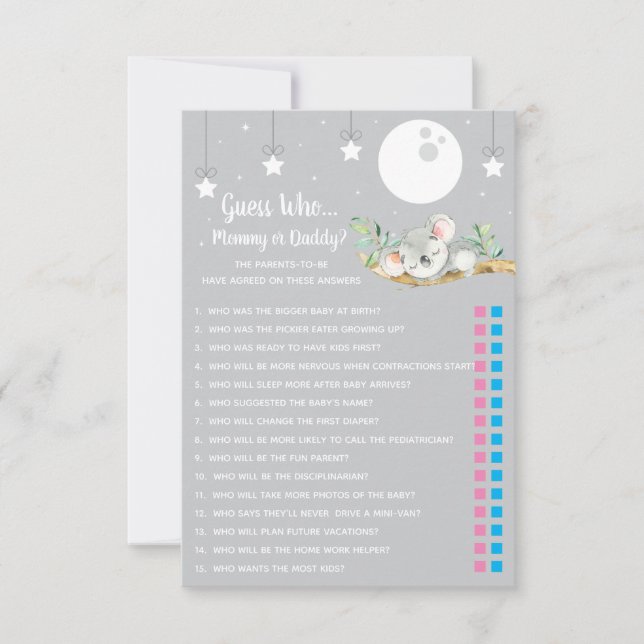 Sleeping Koala Baby Shower Game Guess Who?  Invitation (Front)