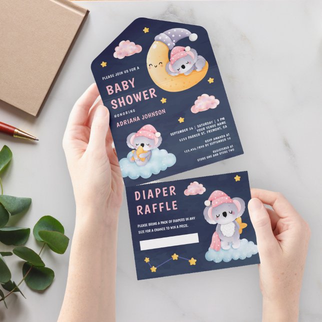 Sleeping Koala Bear on Moon Navy Blue Baby Shower All In One Invitation (Creator Uploaded)